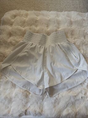 Smocked-Waist White Athletic Shorts with Zipper Pocket